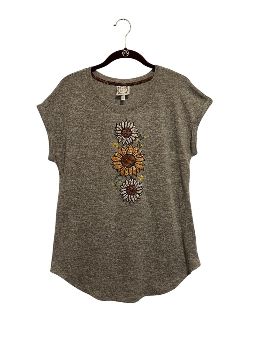 Tru Self Boho Sunflower Embroidered Top Heather Brown Small